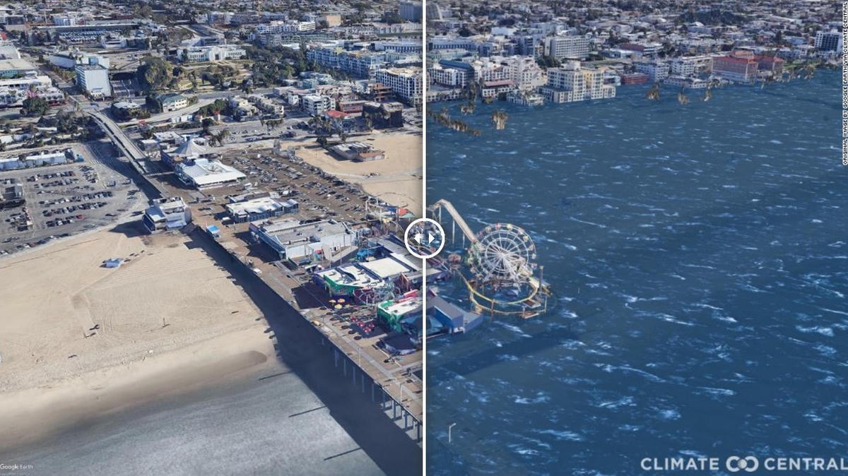 Hình ảnh Cầu tàu ở Santa Monica, California nếu Trái đất nóng lên 3 độ C. Ảnh: CNN