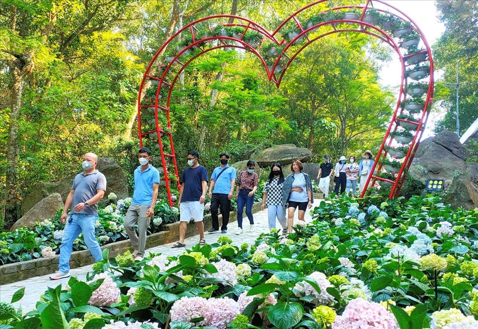 Chiều 10/4, đông đảo du khách đã đổ về đường hoa tình yêu trước thời điểm diễn ra Lễ hội tình yêu Hòn Trống Mái trên núi Trường Lệ.
