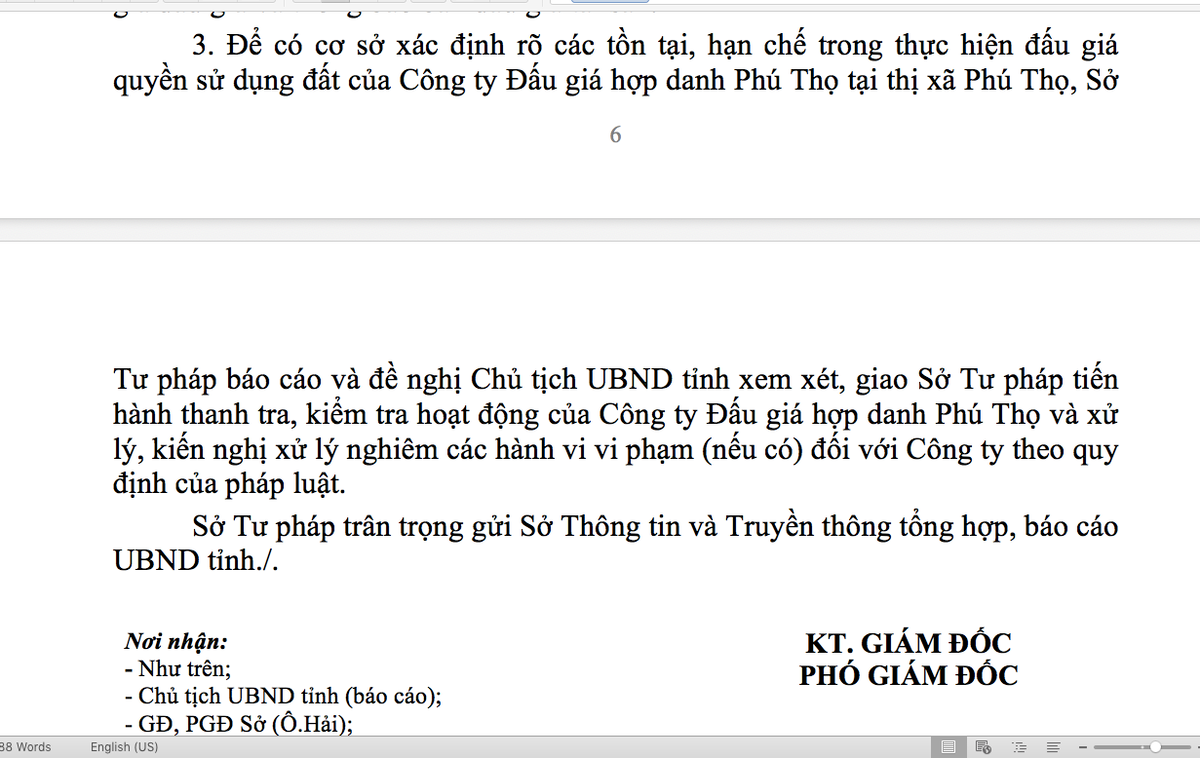 Sở Tư pháp tỉnh Phú Thọ phát hiện hàng loạt sai phạm trong đấu giá đất ở Thị xã Phú Thọ. Đồng thời đề nghị Chủ tịch UBND tỉnh Phú Thọ xem xét, giao Sở Tư pháp tiến hành thanh tra, kiểm tra, xử lý nghiêm các hành vi vi phạm (nếu có). Nhưng nay vụ việc đang có dấu hiệu chìm xuồng.