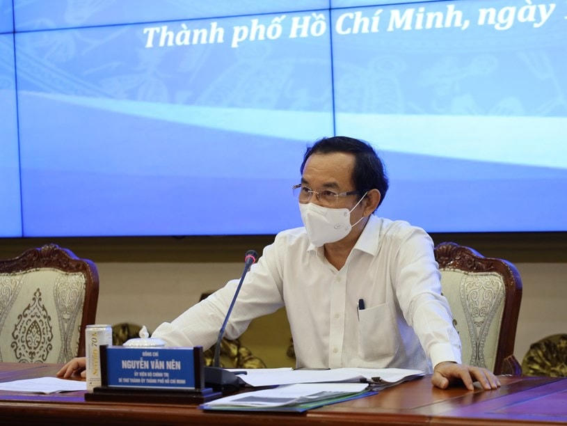 Bí thư Thành ủy TP HCM Nguyễn Văn Nên phát biểu tại cuộc họp. Ảnh: Trung tâm Báo chí TP HCM.  