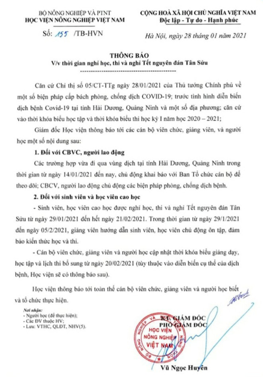Thông báo của Học viện Nông nghiệp Việt Nam. (Nguồn: Học viện Nông nghiệp Việt Nam).