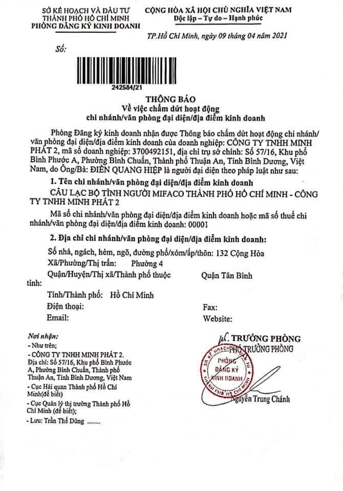Phòng Đăng ký kinh doanh, Sở Kế hoạch và Đầu tư TP HCM đã có thông báo chấm dứt hoạt động của CLB Tình Người Mifaco trên địa bàn thành phố.