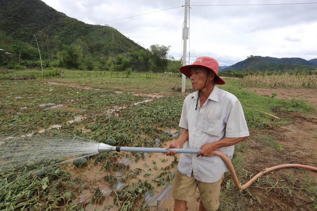 Ông Huỳnh Tâm dùng vòi nước xịt rửa những trái dưa.