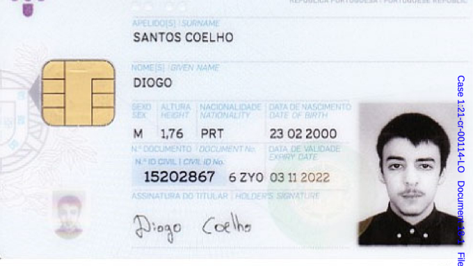 Hình ảnh thẻ công dân của Diogo Santos Coelho được đính kèm trong cáo trạng. Ảnh: AP.