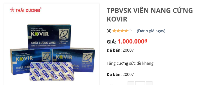 Viên nang cứng Kovir có giá 1 triệu đồng/ hộp (giá niêm yết trên website của Sao Thái Dương).