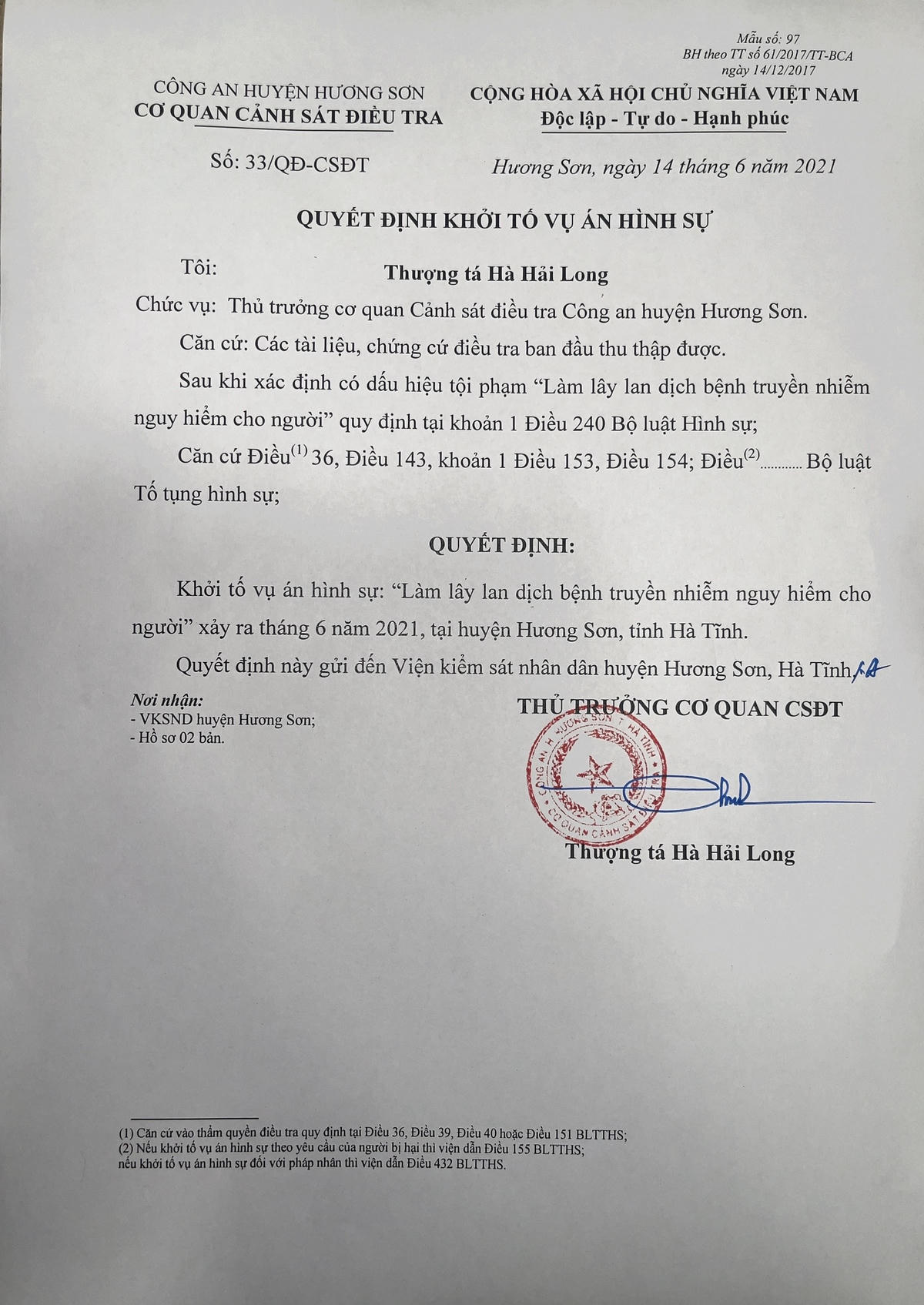 Quyết định khởi tố vụ án.