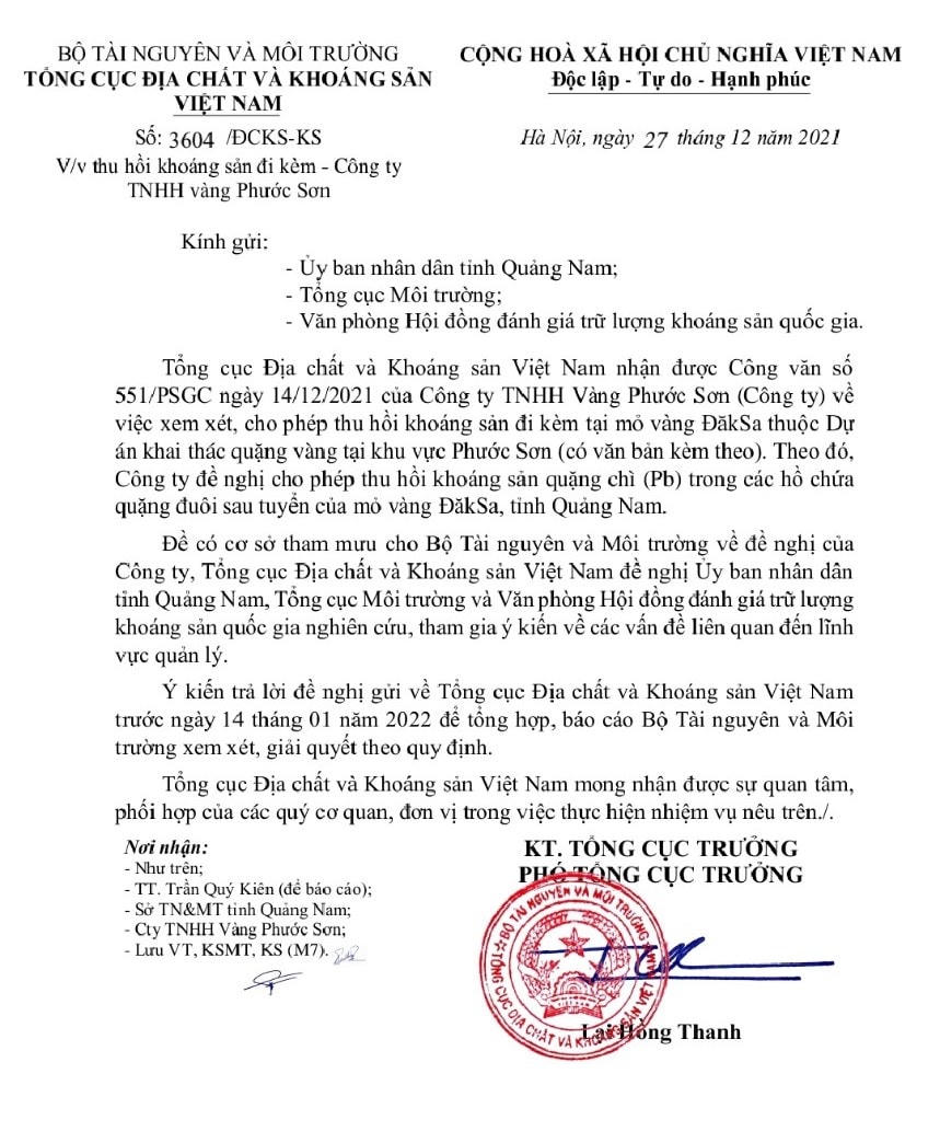 Văn bản của Tổng cục Địa chất và Khoáng sản gửi UBND tỉnh Quảng Nam cùng các ngành chức năng.