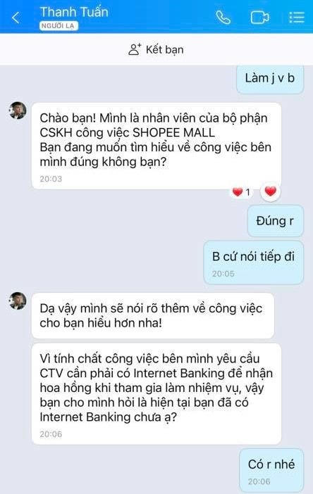 Đối tượng lừa đảo chủ động nhận mình là nhân viên chăm sóc khách hàng công việc ở Shopee Mall nhằm chiếm lòng tin của con mồi.