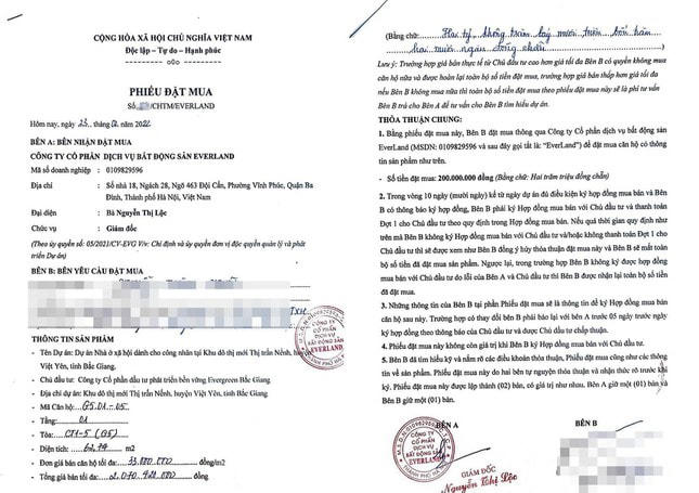 Mẫu phiếu đặt mua shophouse tại dự án NƠXH Evergreen Bắc Giang của Công ty cổ phần dịch vụ BĐS Everland kí kết và thu tiền với khách hàng.