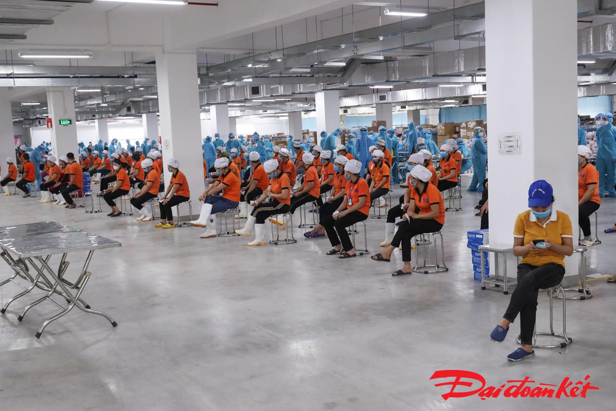 Công nhân xếp hàng chờ lấy mẫu xét nghiệm tại Bắc Giang. Ảnh: Quang Vinh.