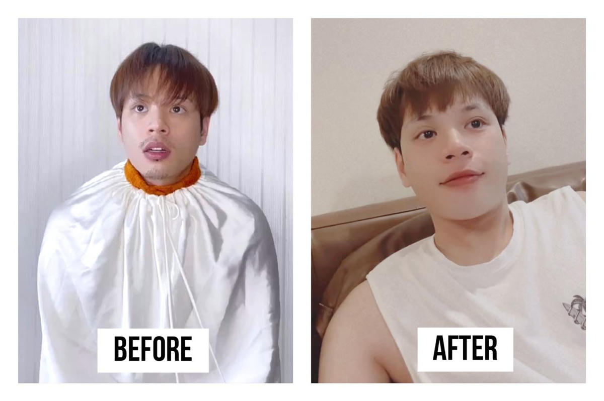 Ca sĩ Jaykii khiến dân tình cười bò với hình ảnh trước và sau khi được bạn gái Mai Anh trổ tài cắt tóc: “Quả tóc trước và sau khi được em người yêu cắt. Tay nghề này chấm mấy điểm đây ta?”.