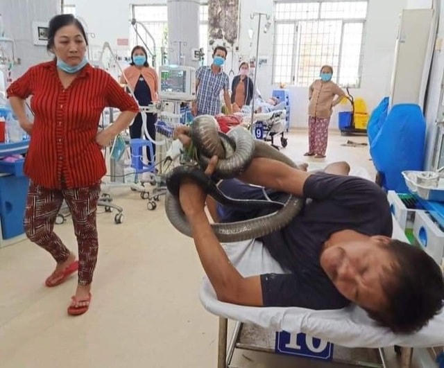 Anh Tâm thời điểm "ôm" rắn độc nhập viện cấp cứu.  