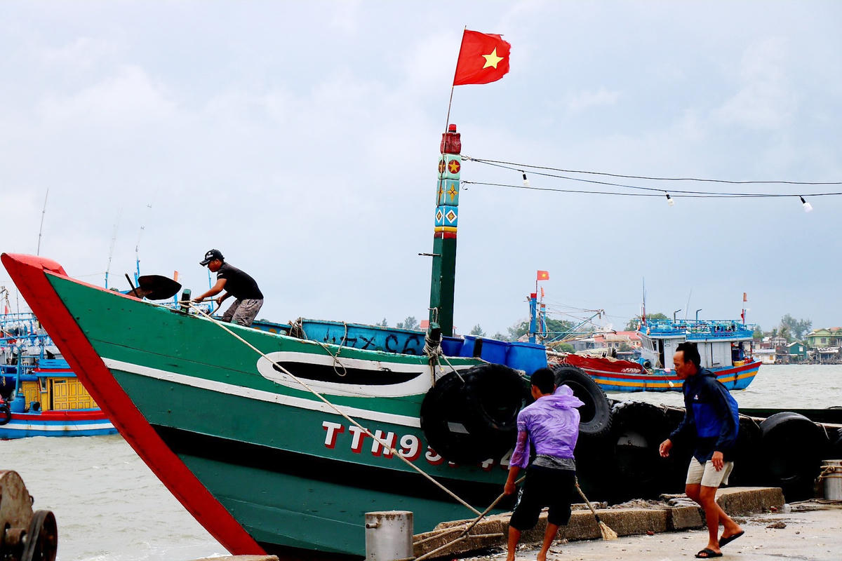 Để đảm bảo an toàn cho ngư cụ, tàu cá, các ngư nhân đang rất khẩn trương neo đậu tàu thuyền để tránh bão.Đang cặm cụi gia cố thêm dây thừng cho chiếc tàu để ứng phó với cơn bão số 5, ngư dân Phạm Văn Hợp, (trú tại tỉnh Thừa Thiên - Huế) chủ tàu cá TTH 91240TS cho biết: “Tàu cá của chúng tôi tham gia đánh bắt cá ở vùng biển thuộc đảo Cồn Cỏ (Quảng Trị). Ngay sau khi nhận được thông tin cơn bão số 5, các thuyền viên đã ngay lập tức cho tàu trở vào bờ, neo đậu để tránh trú bão”.