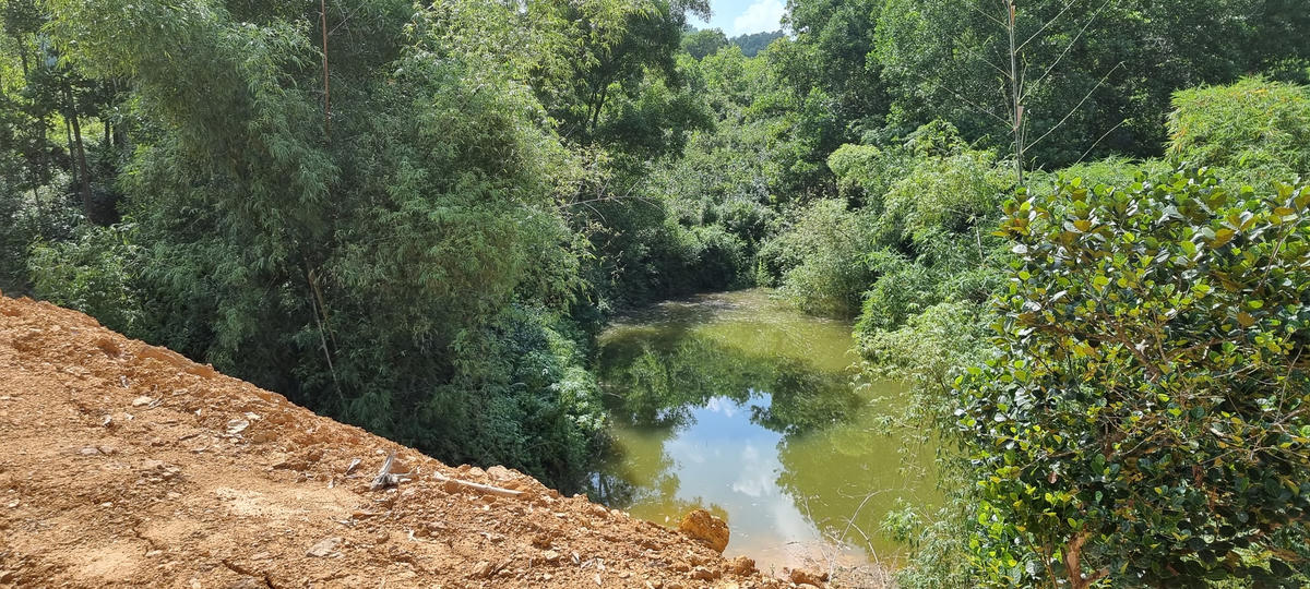 Diện tích mặt nước hồ Thung Mộ bị lấn chiếm do san gạt đất đồi. Ảnh: Nam Anh.