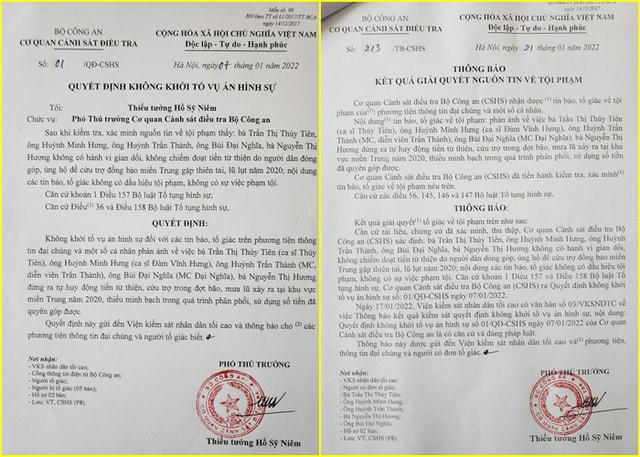 Cơ quan Cảnh sát Điều tra Bộ Công an thông báo kết quả giải quyết tố giác về tội phạm liên quan đến ca sĩ Thủy Tiên, Đàm Vĩnh Hưng, MC - diễn viên Trấn Thành, MC Đại Nghĩa. Các nghệ sĩ không có dấu hiệu phạm tội như tố cáo của một số cá nhân.