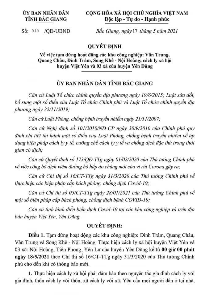 Quyết định của UBND tỉnh Bắc Giang. Ảnh: Nam Anh.