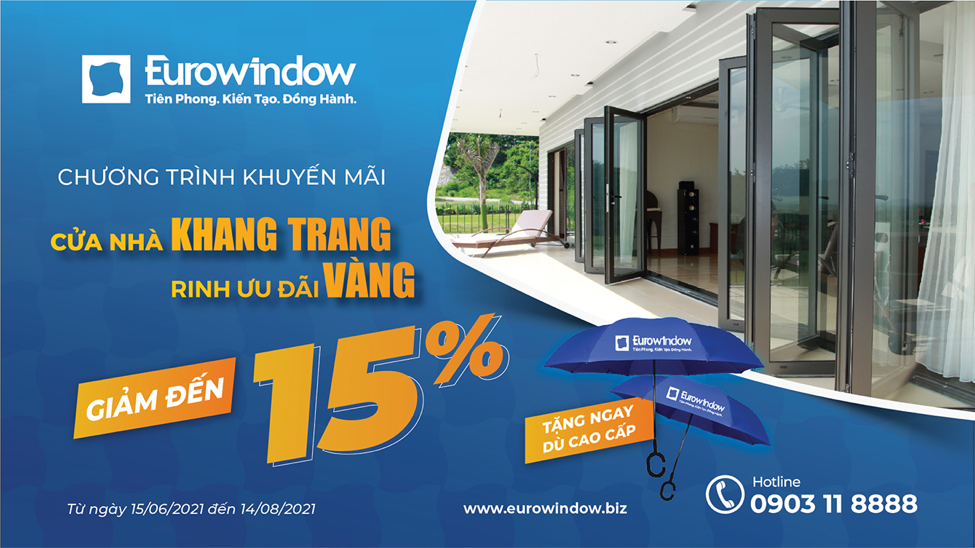 Eurowindow giảm đến 15% giá trị hợp đồng cho khách hàng từ Phú Yên trở vào khu vực phía Nam từ ngày 15/06/2021 đến hết ngày 14/08/2021. Liên hệ hotline 0903 11 8888 để biết thêm thông tin chi tiết.