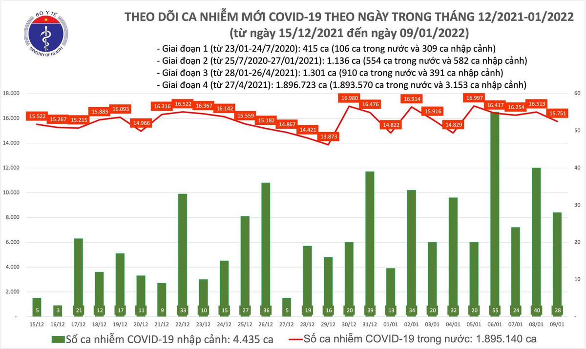 Biểu đồ số ca mắc Covid-19 taị Việt Nam tính đến chiều ngày 9/1.