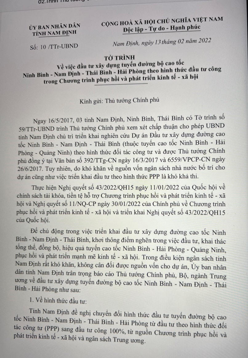Tờ trình UBND tỉnh Nam Định gửi Thủ tướng Chính phủ.