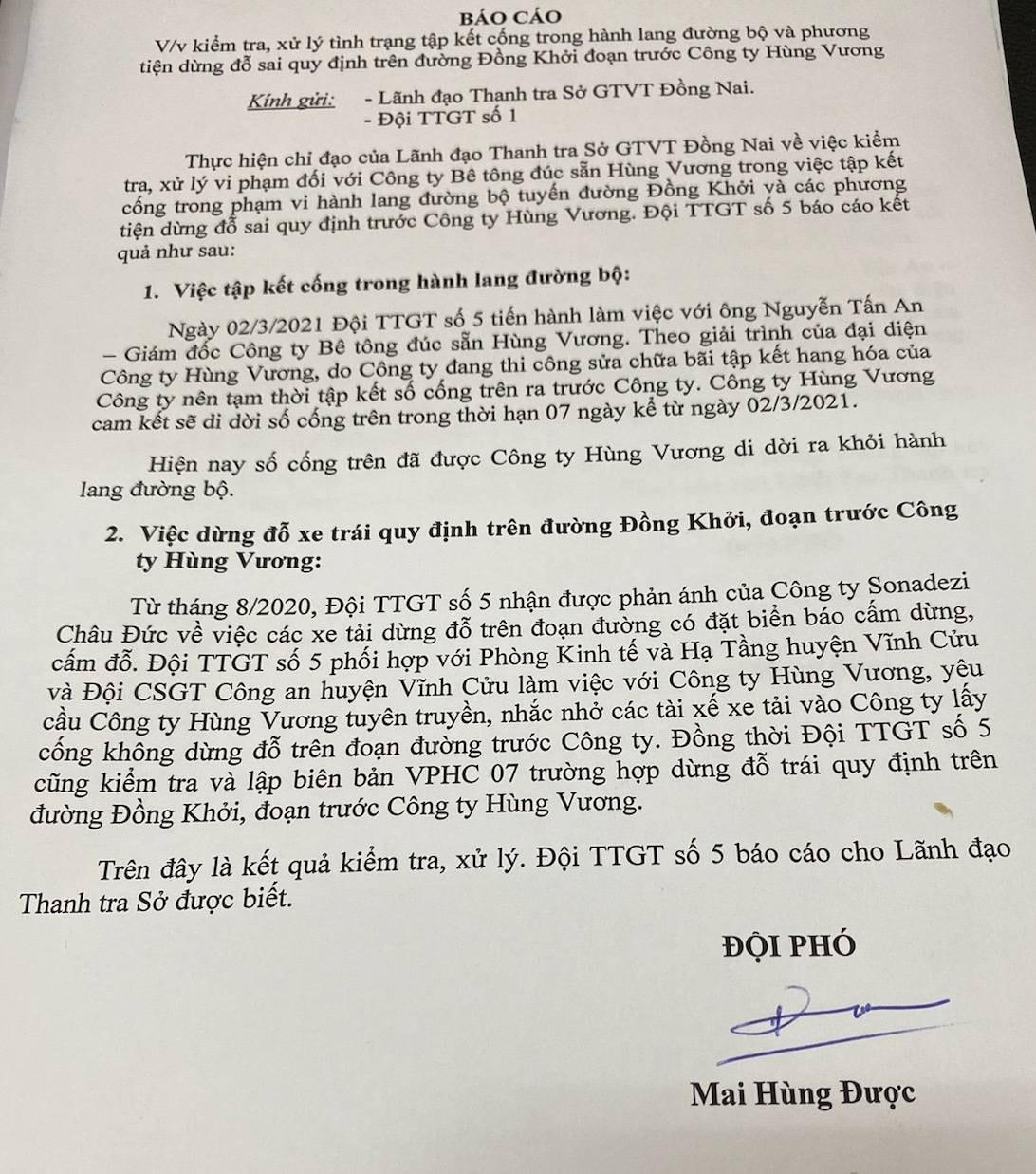 Thanh tra Sở GTVT Đồng Nai lập biên bản làm việc và báo cáo xử lý vi phạm ở Nhà máy bê tông đúc sẵn Hùng Vương.