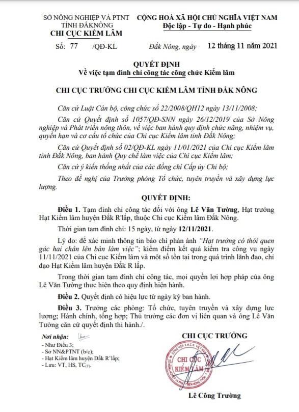Quyết định tạm đình chỉ ông Tường