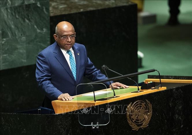 Chủ tịch ĐHĐ LHQ Abdulla Shahid phát biểu tại phiên khai mạc khóa họp lần thứ 76 Đại hội đồng LHQ ở New York (Mỹ) ngày 21/9/2021. Ảnh: THX/TTXVN.