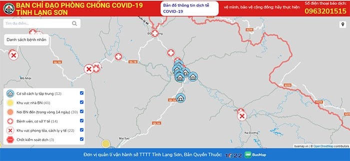 Giao diện bản đồ thông tin dịch tễ Covid-19 tỉnh Lạng Sơn.