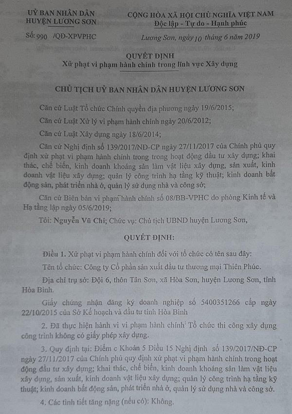 Quyết định xử phạt hành chính của UBND huyện Lương Sơn đối với dự án The Spring Town do xây dựng không phép.