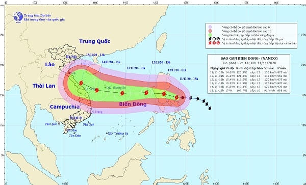 Vị trí và đường đi của bão Vamco. Nguồn: Trung tâm khí tượng thủy văn Quốc gia.