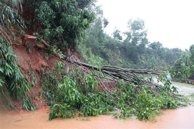 Một điểm sạt lở trên Quốc lộ 40B. (Ảnh: Cao Nguyên/TTXVN).