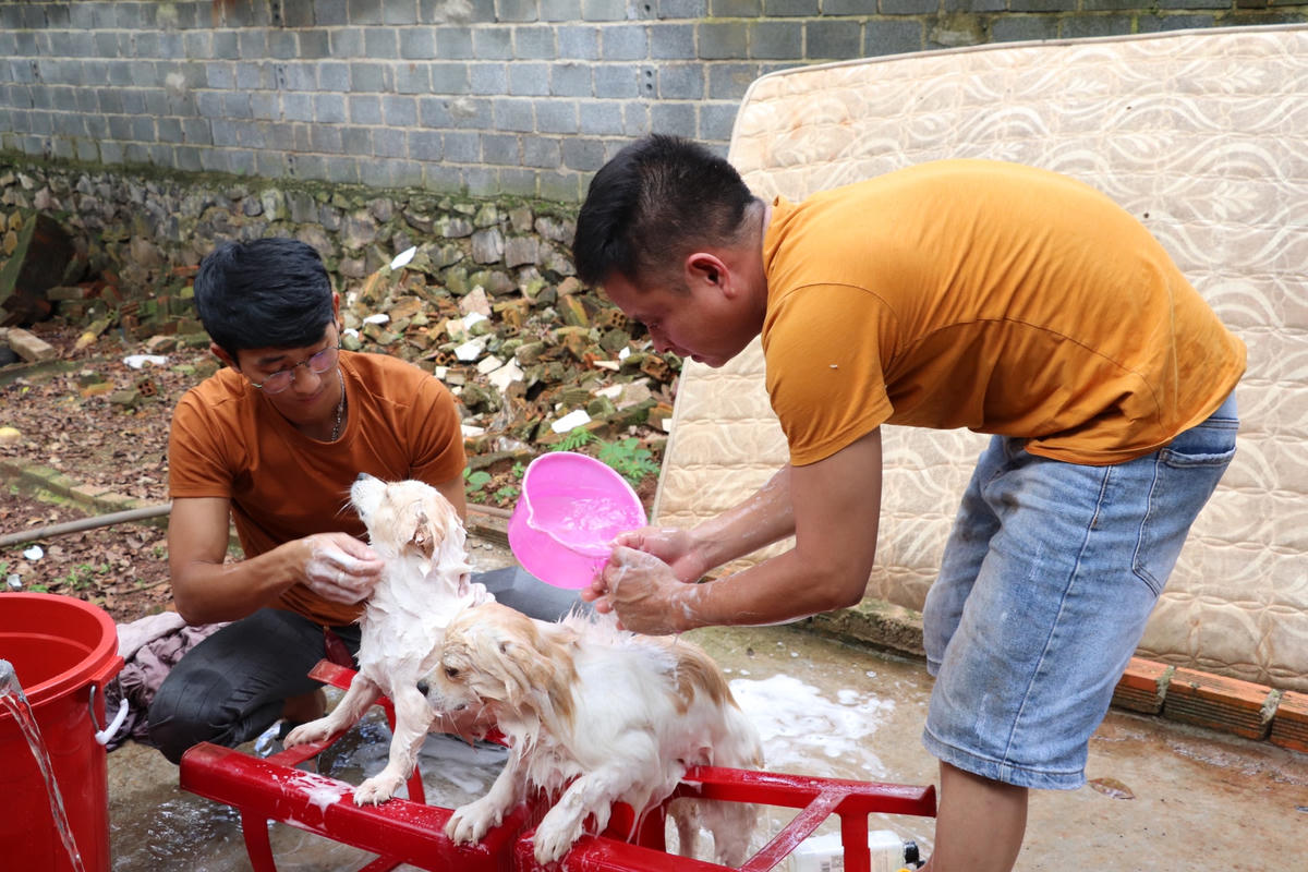 Anh Phát (đeo kính) cùng Thượng úy Dương đang chăm sóc tận tình cho những chú chó.