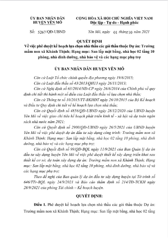 Quyết định số 5267/QĐ-UB về việc phê duyệt kế hoạch lựa chọn nhà thầu gói thầu thuộc dự án Trường mầm non xã Khánh Thịnh.