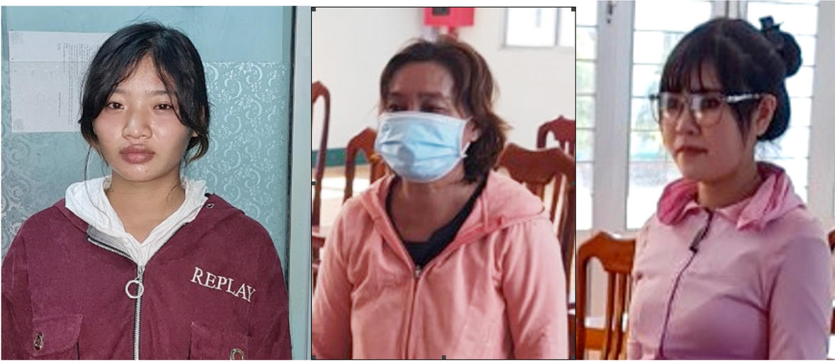 Bị can Huỳnh Thị Tiểu Lam (trái qua), Nguyễn Thị Trinh và Hà Thị Chi Linh.