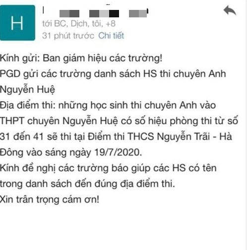 Thông báo của Phòng GD&ĐT Cầu Giấy gửi đến các trường thông báo thay đổi địa điểm thi. 