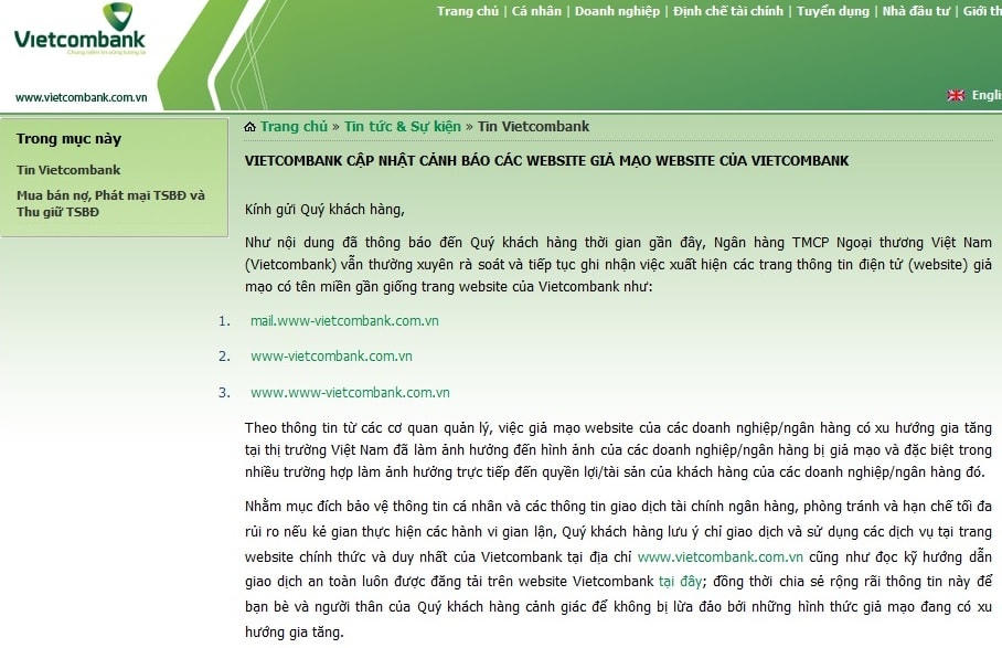 Vietcombank lên tiếng cảnh báo với khách hàng.