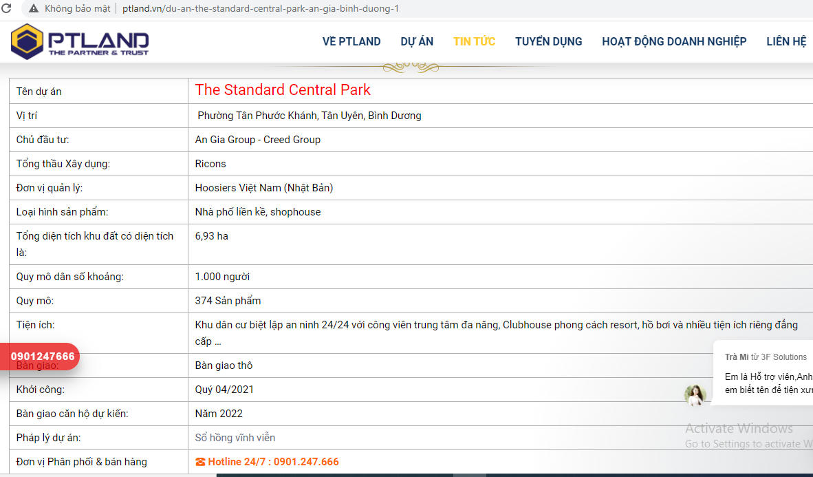 Trang ptland.vn có dấu hiệu thông tin sai sự thật về dự án có tên The Standard Central Park. (Ảnh chụp màn hình).