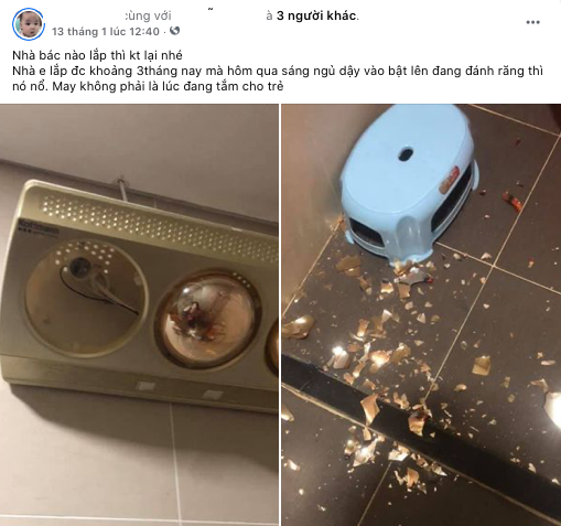 Bài đăng về sự cố nổ đèn sưởi của người dùng. (Nguồn: FBNV)