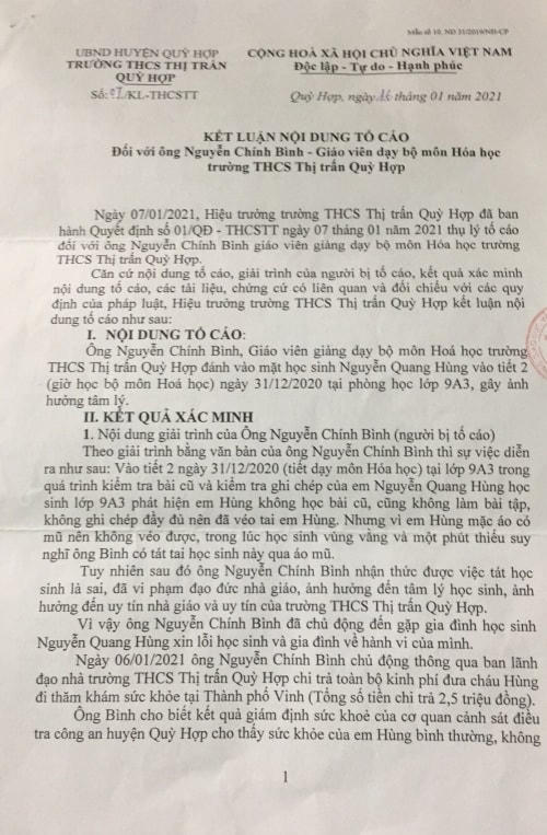 Văn bản số 07 của Trường THCS Thị trấn Qùy Hợp Kết luận nội dung tố cáo 