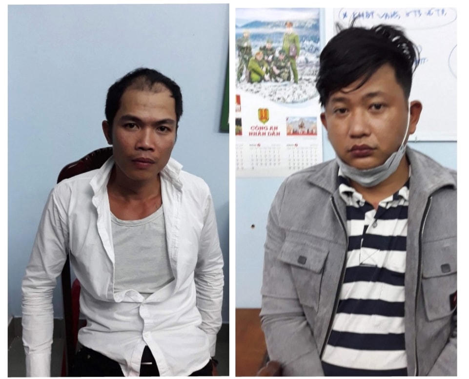 Đối tượng Tân và đối tượng Trường (bên phải) tại cơ quan công an.