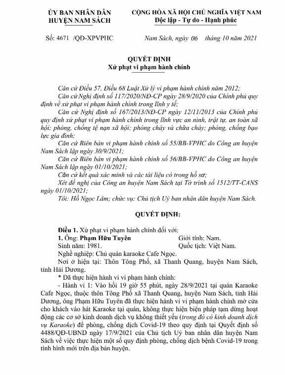 Quyết định xử phạt vi phạm hành chính của Chủ tịch UBND huyện Nam Sách.
