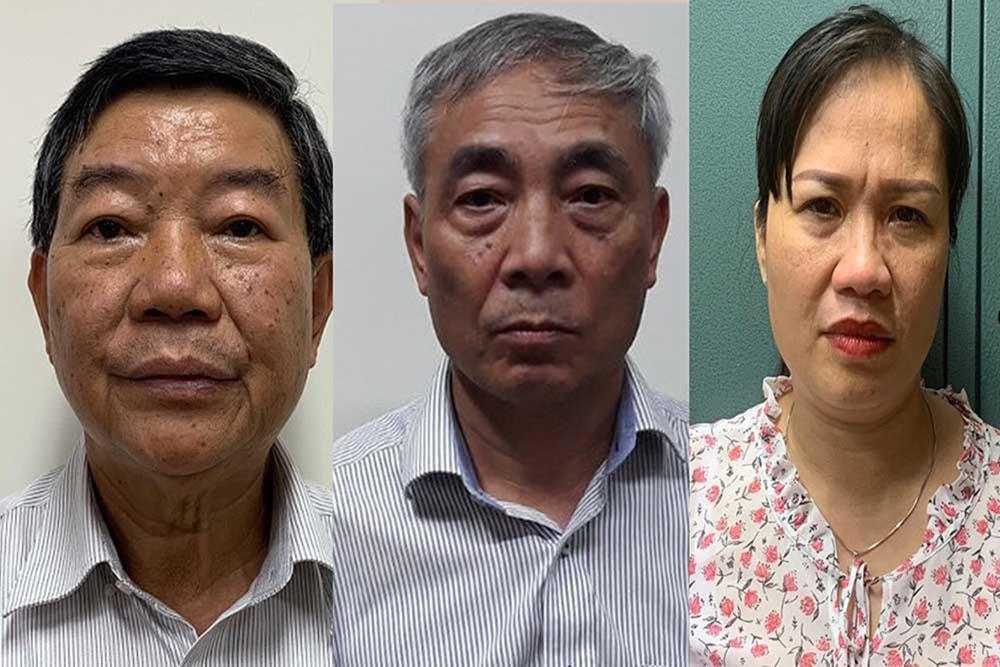 Từ trái, ba bị can Nguyễn Quốc Anh, Nguyễn Ngọc Hiền và Trịnh Thị Thuận liên quan vụ án nâng giá thiết bị y tế tại Bệnh viện Bạch Mai.  