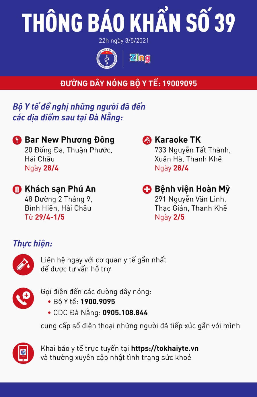 [KHẨN] Bộ Y tế: Ai đến 4 địa điểm tại Đà Nẵng liên hệ ngay y tế