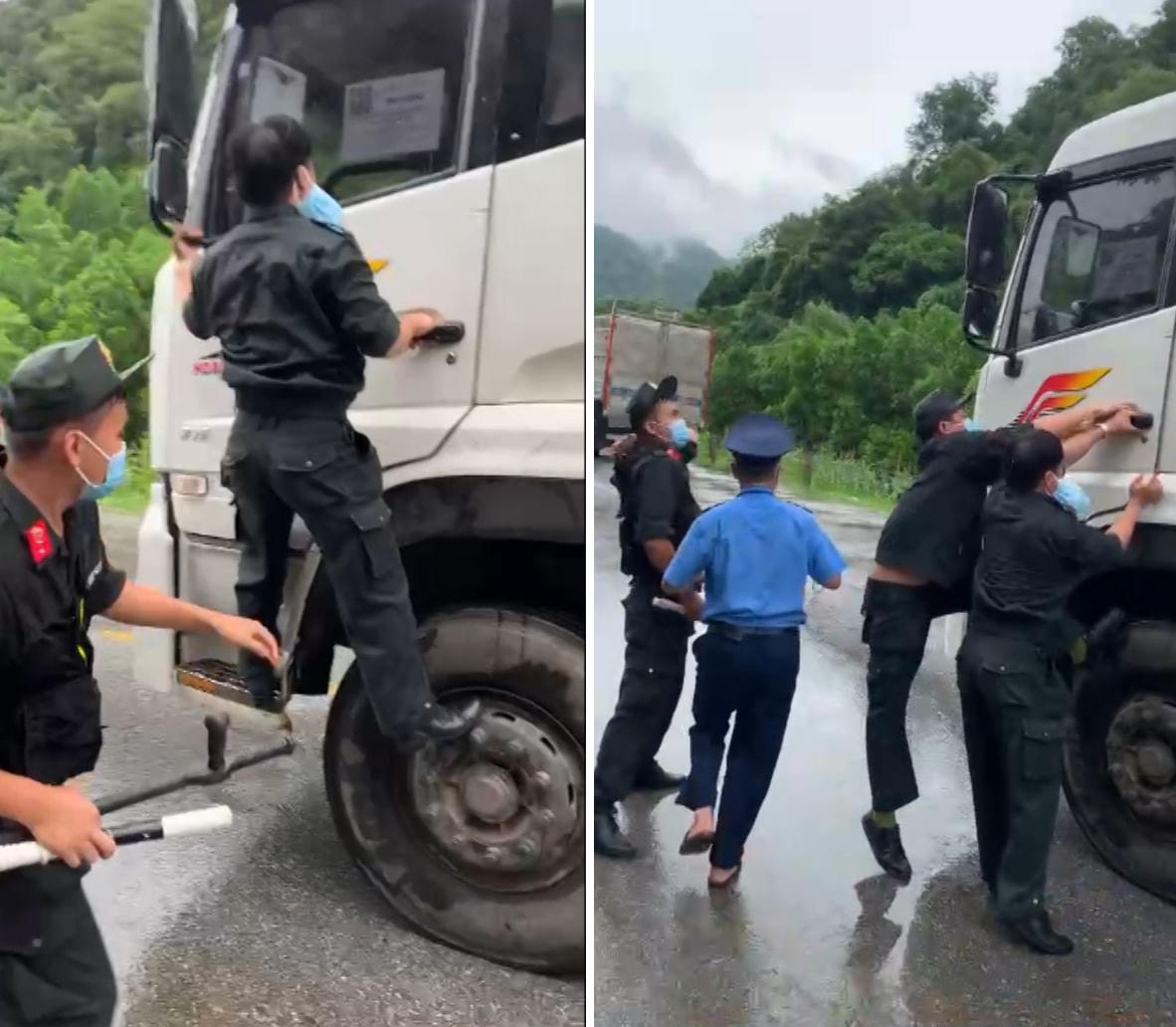 Chiến sĩ công an đu mình lên cửa xe để ngăn Hà Văn Đạo lái xe bỏ chạy.