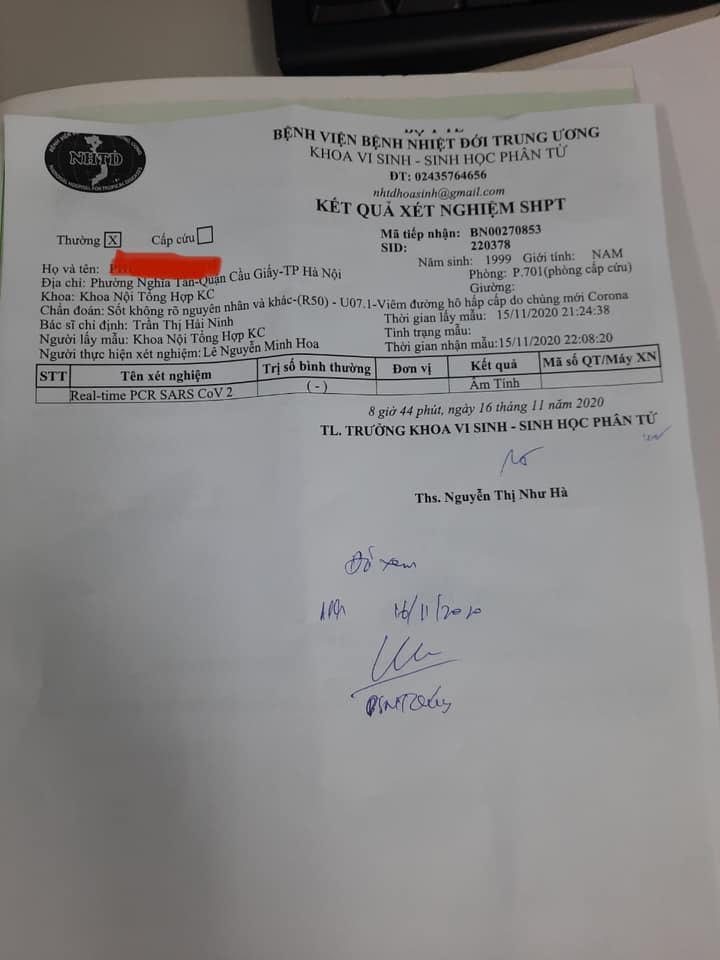 Kết quả xét nghiệm Covid-19 của bệnh nhân tại Bệnh viện Bệnh Nhiệt đới Trung ương.