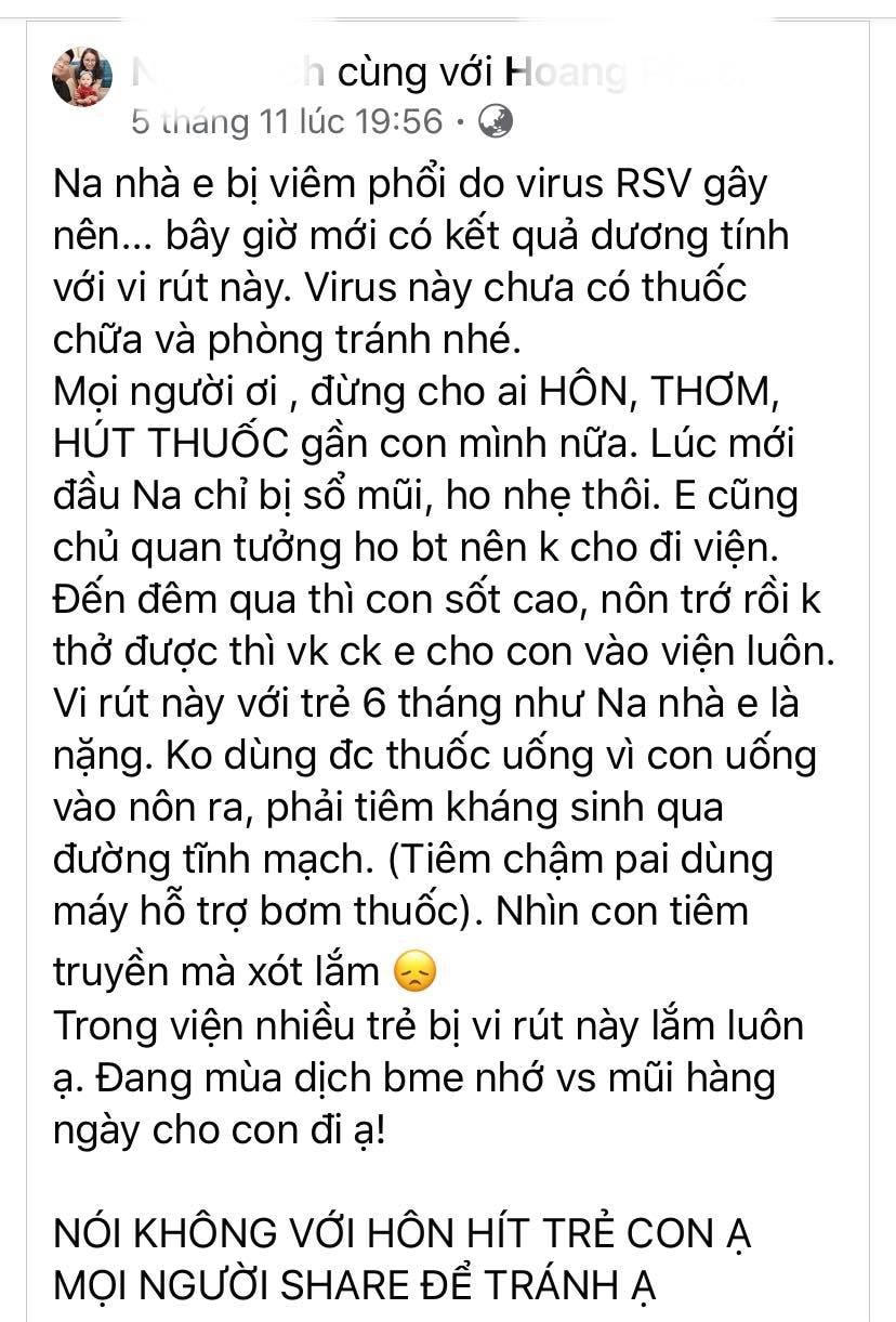 Một bà mẹ chia sẻ thông tin về virus RSV và cách phòng tránh virus. (Nguồn: FBNV).