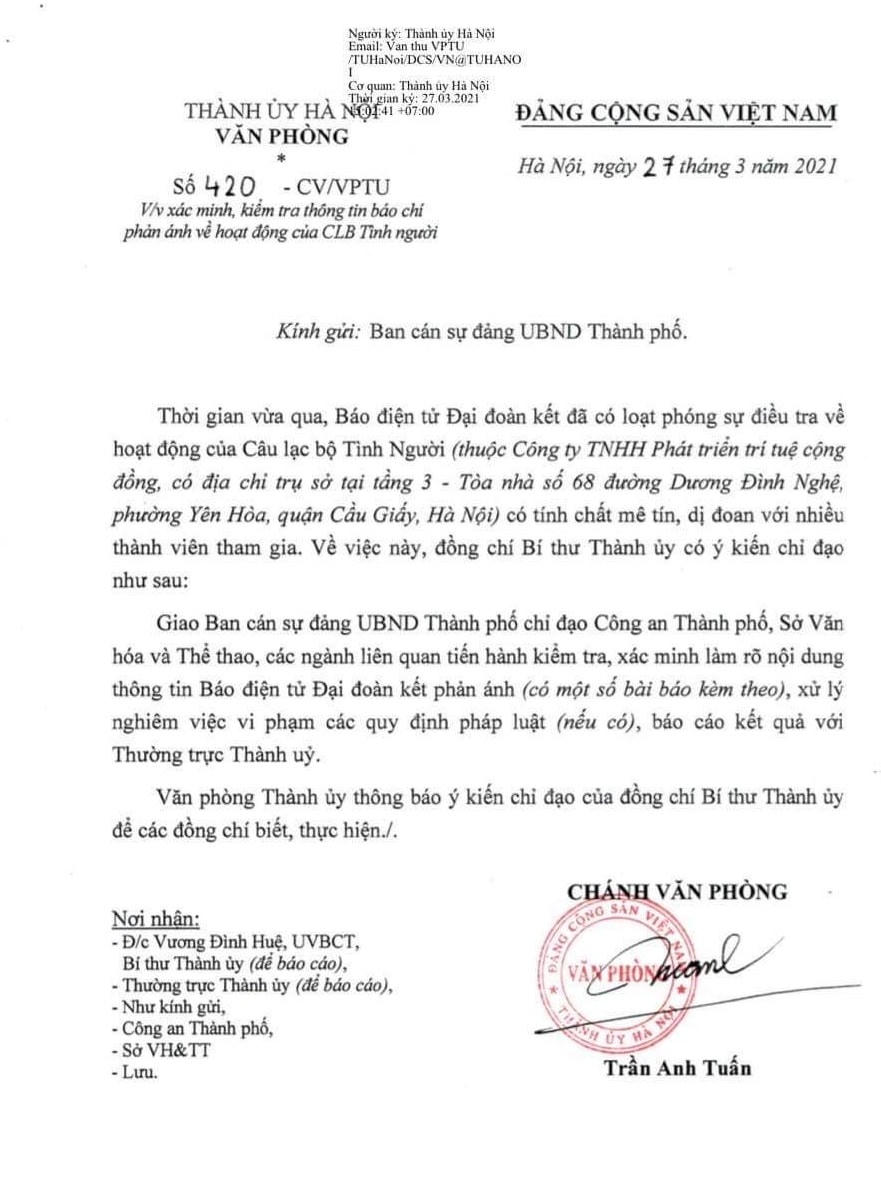 Ủy viên Bộ Chính trị, Bí thư Thành ủy Hà Nội Vường Đình Huệ chỉ đạo làm rõ hoạt động mê tín dị đoan của CLB Tình Người