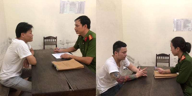 Bùi Văn Vinh (bìa trái) và Vương Quang Hùng tại cơ quan Công an. Ảnh: Công an Nghệ An