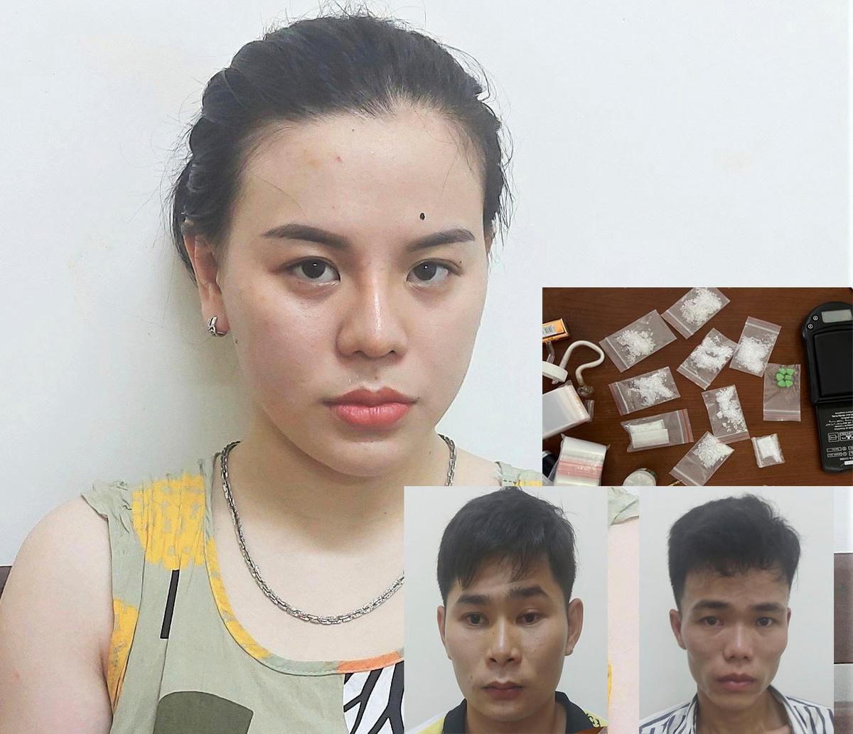 Từ trái sang: Linh, Hoàng, Dinh và tang vật của vụ án. Ảnh Công an cung cấp.