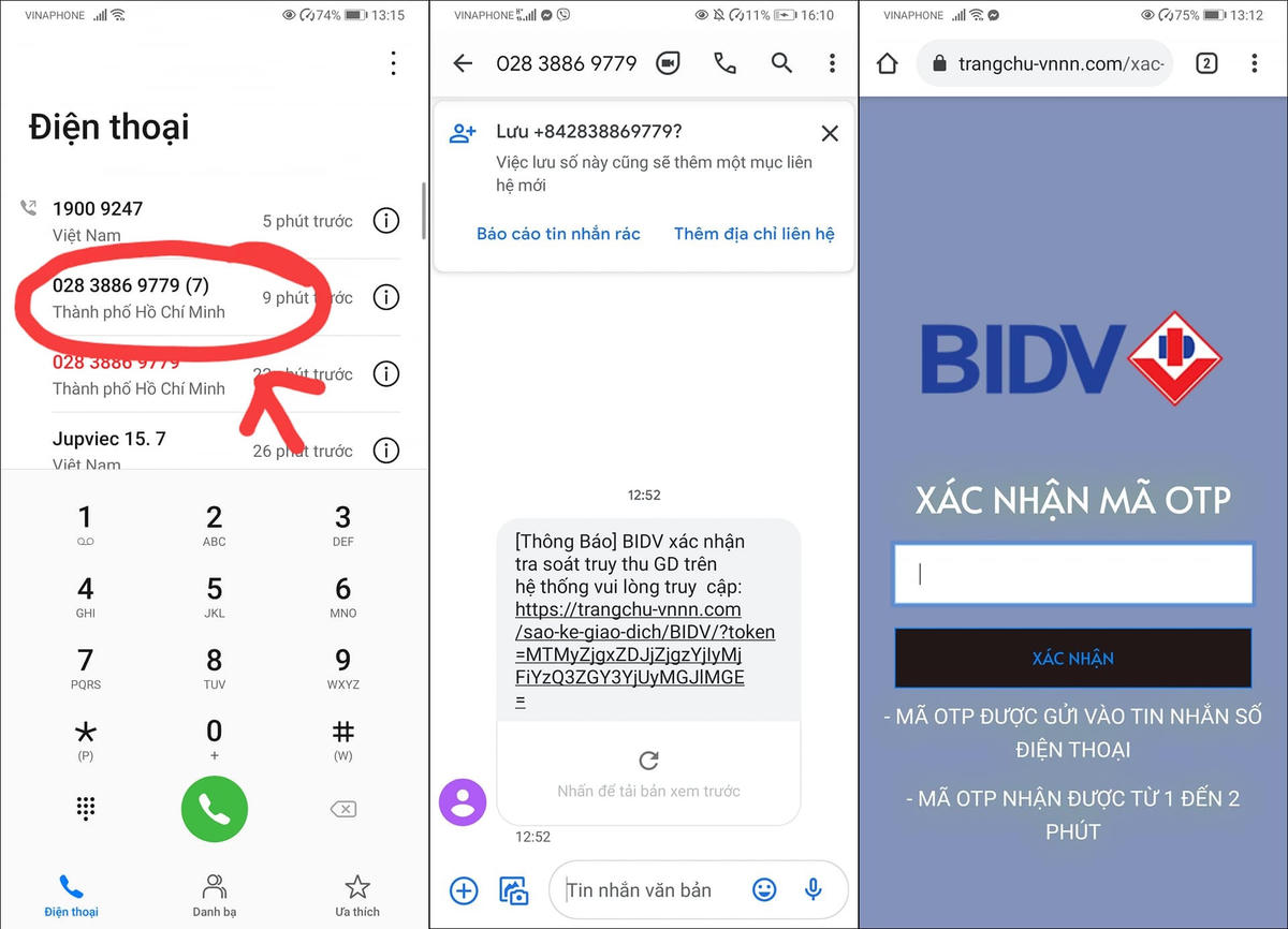 Số điện thoại lạ gọi điện đến cho chị V.A, mạo danh bộ phận kỹ thuật của ngân hàng BIDV.