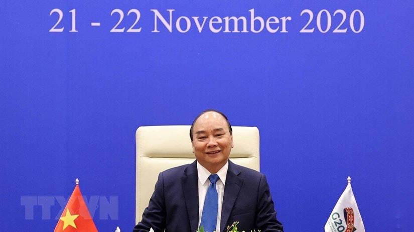 Thủ tướng Nguyễn Xuân Phúc phát biểu tại Hội nghị thượng đỉnh G20 trực tuyến. (Ảnh: Thống Nhất/TTXVN).